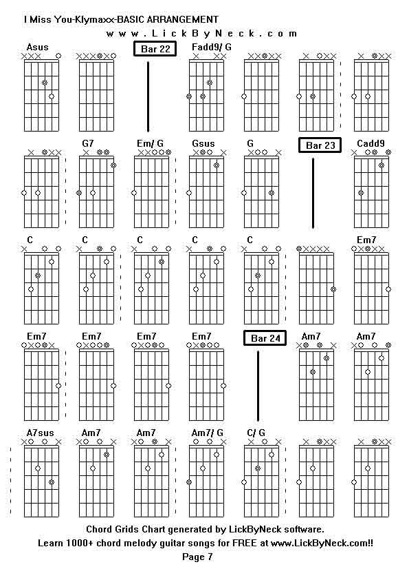 Chord Grids Chart of chord melody fingerstyle guitar song-I Miss You-Klymaxx-BASIC ARRANGEMENT,generated by LickByNeck software.